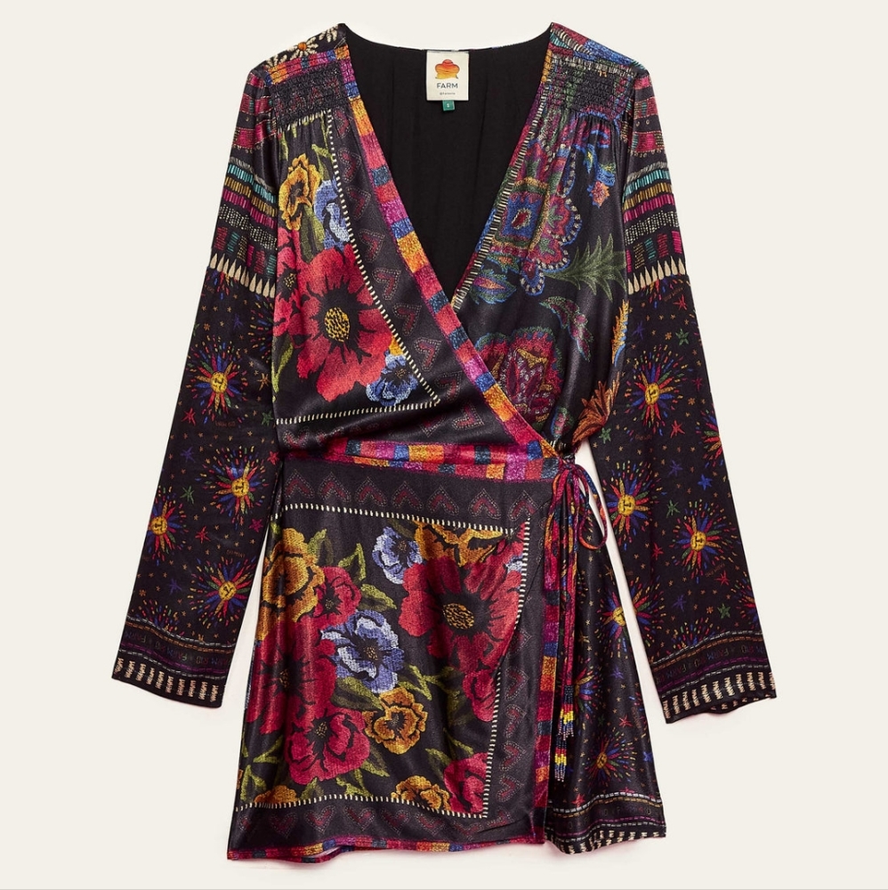 Farm Rio Black Mixed Scarves Mini Dress NWT